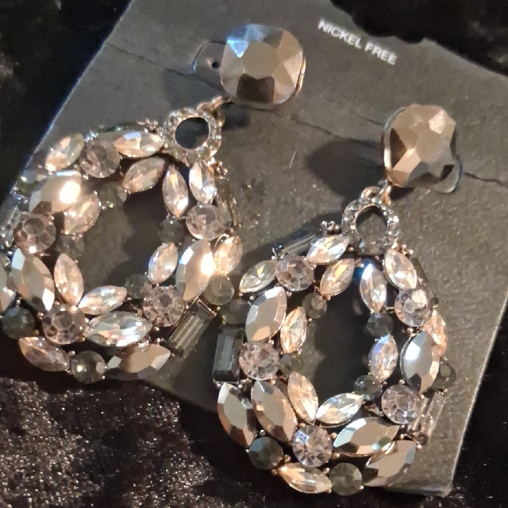 Silver Crystal Drop Earrings with Floral Design